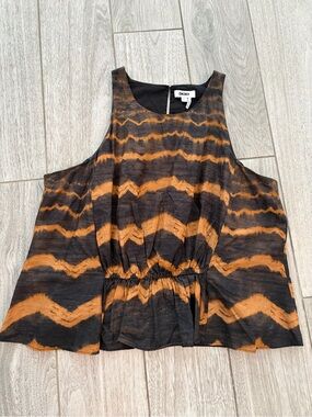 DKNY Sleeveless Peplum Top Chevron Wavy Tie Dye Black Orange Size Large